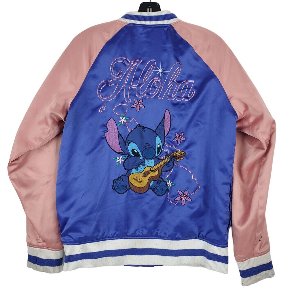 LILO & STITCH Jacket Youth Medium Blue Pink Satin ALOHA DISNEY Embroidered